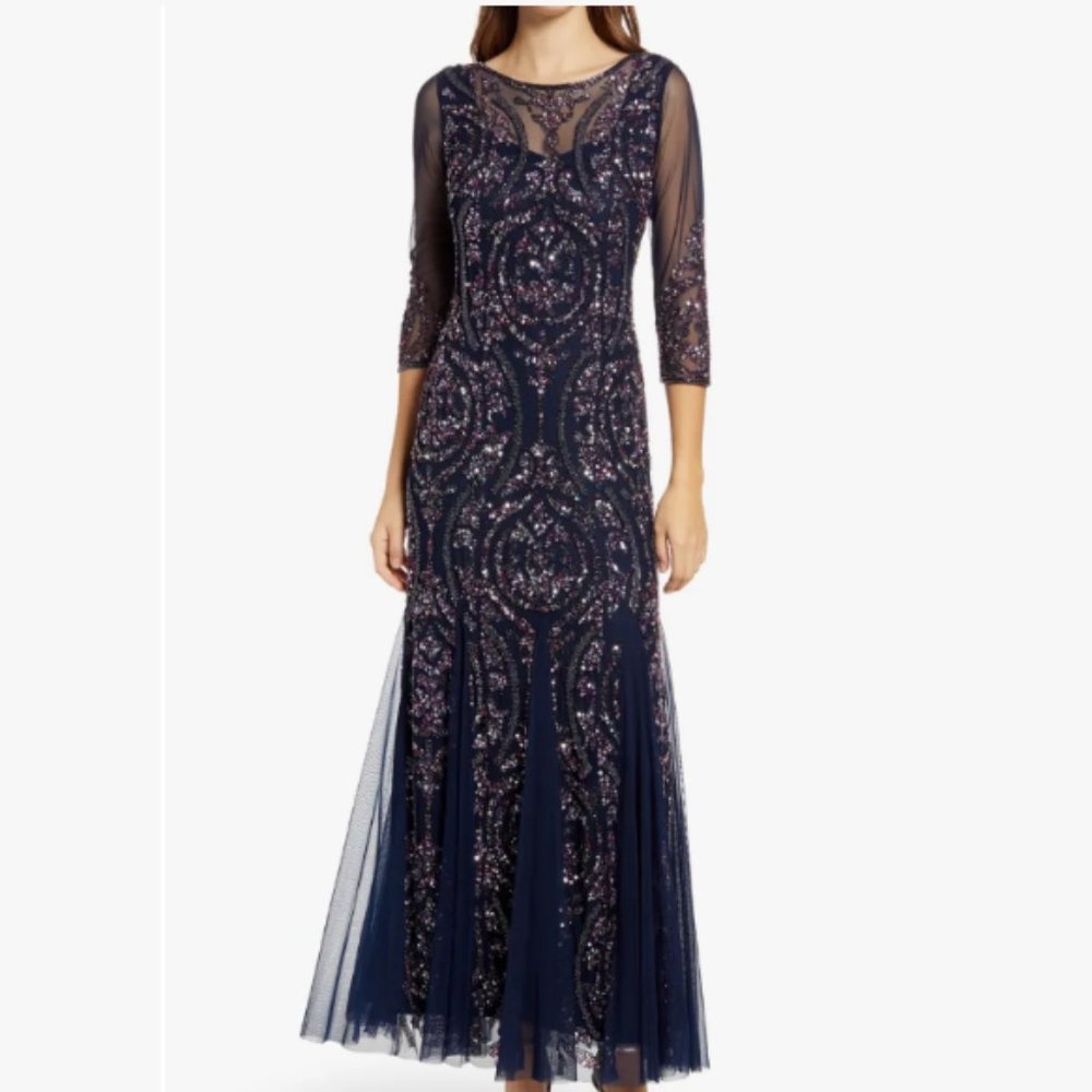 NWT Pisarro Nights Sequin Beaded Illusion Gown - Navy - Size 4